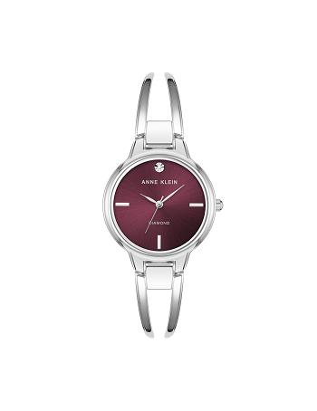 Anne Klein Accented Open Bangle Watch Diamond Silver / Burgundy | FUSHY79767