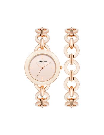 Anne Klein Boyfriend Circular Link Bracelet Watch Sets Pink / Pink / Rose / Gold | PUSQX65247