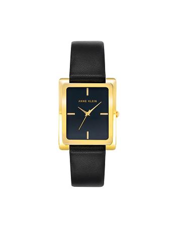 Anne Klein Case Leather Band Watch Rectangular Gold / Black | ZUSNQ97052