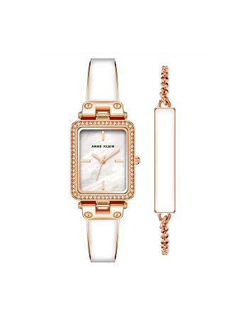 Anne Klein Case Watch and Bracelet Set Rectangular White / Rose / Gold | DUSKV84132