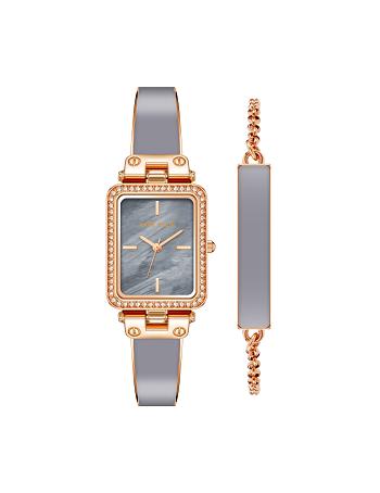 Anne Klein Case Watch and Bracelet Set Rectangular Grey / Rose / Gold | USDFL97406