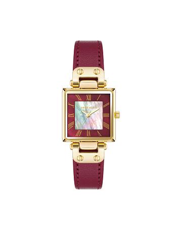 Anne Klein Considered Solar Square Leather Strap Watch Rectangular Gold / Burgundy | FUSHY81456