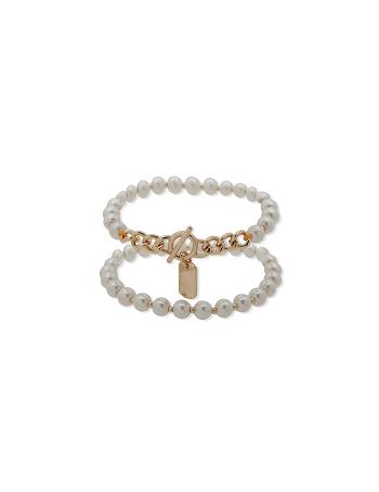 Anne Klein Faux Pearl Stretch Set Bracelets Gold | SUSVO45334