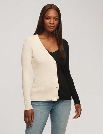 Anne Klein Half/Half Rib Cardigan Sweaters Black / White | USEGJ24539