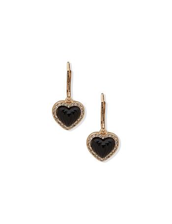 Anne Klein Heart Drop Jet Pierced Earrings Gold | USEAH55248