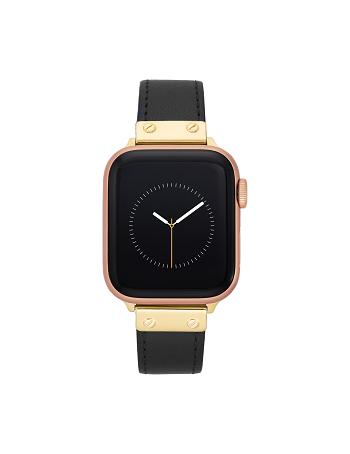 Anne Klein Leather Band Apple Watch Accessories Black / Gold | USJBT27749