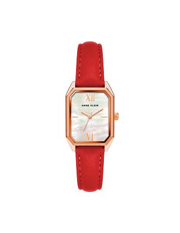 Anne Klein Octagonal Shaped Strap Watch Leather Rose / Gold / Red | QUSWA12944