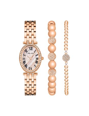 Anne Klein Oval Watch and Bracelet Set with Premium Crystals Metals Rose / Gold | USXMI89254