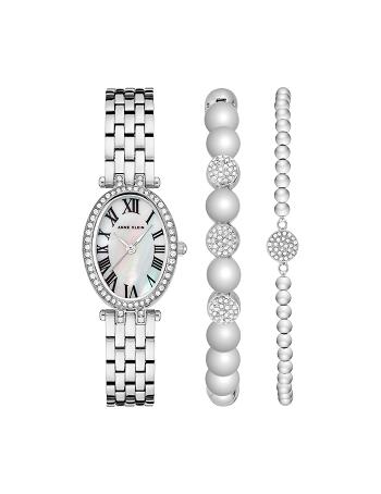 Anne Klein Oval Watch and Bracelet Set with Premium Crystals Metals Silver | USZDE85566