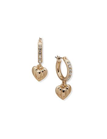 Anne Klein Pave Hoop with Heart Drop Pierced Earrings Gold | TUSPQ20460