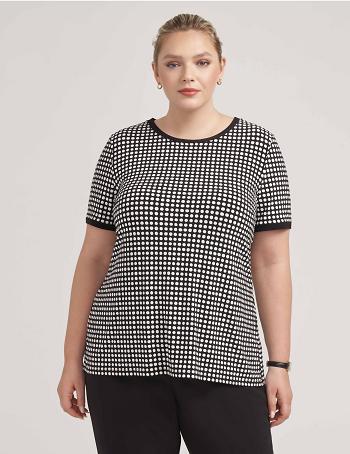 Anne Klein Plus Size Pearly Dot Print Ity Button Back Top Tops Black / White | USJBT24040