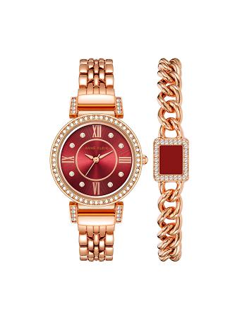 Anne Klein Premium Crystal Watch and Bracelet Sets Burgundy / Rose / Gold | MUSHR73450