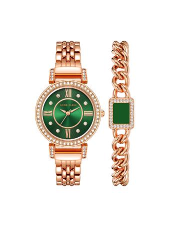 Anne Klein Premium Crystal Watch and Bracelet Sets Green / Rose / Gold | XUSGW98297