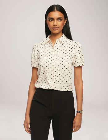 Anne Klein Printed Short Sleeve Button-Up Blouse Tops White / Black | QUSWA28769