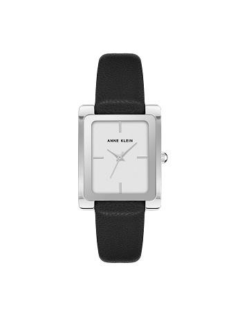 Anne Klein Rectangular Case Band Watch Leather Black / Silver | USQAV75377