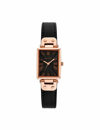 Anne Klein Rectangular Case Strap Watch Leather Black / Rose / Gold | USXBR59005