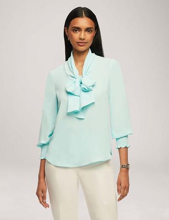 Anne Klein Smocked Cuff Bow Blouse Tops Blue | USQAV83153