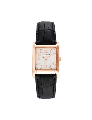 Anne Klein Square Case Strap Watch Leather Black / Rose / Gold | TUSWZ57978