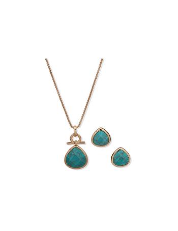 Anne Klein Tear Drop Pendant Necklace and Earring in Pouch Jewelry Sets Gold / Blue | BUSSD94796