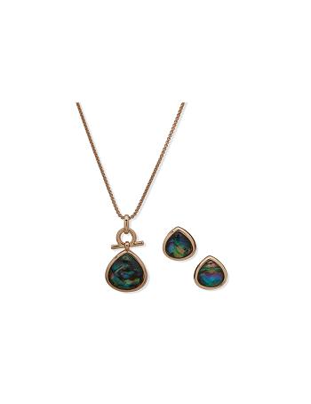 Anne Klein Tear Drop Pendant Necklace and Earring Set in Pouch Earrings Gold / Green | USNEJ99352