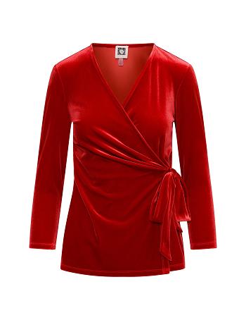 Anne Klein Velour Three-Quarter Sleeve Wrap Top- Clearance Tops Red | UUSTG75755