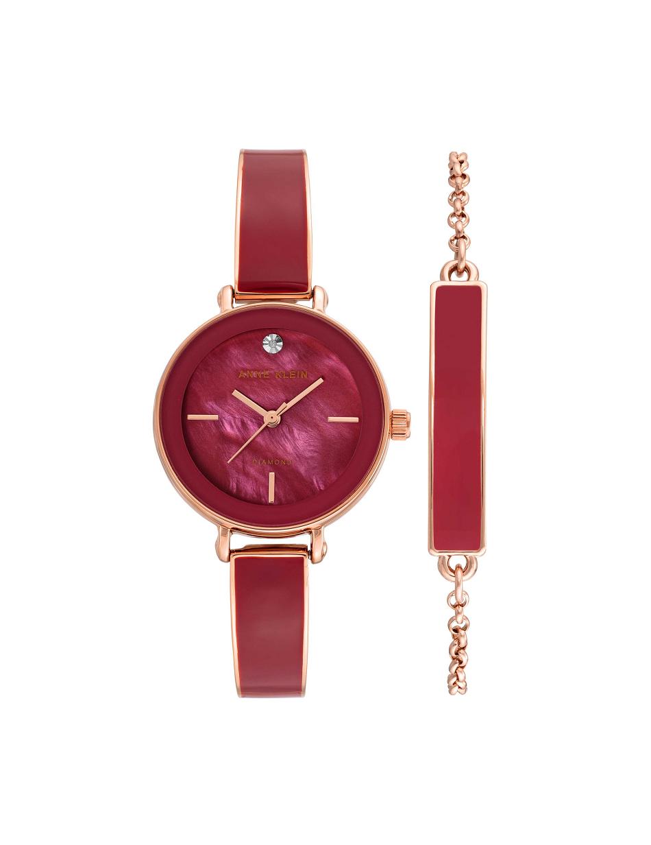 Anne Klein Bangle Watch With Bracelet Set Diamond Burgundy / Rose / Gold | PUSQX34261