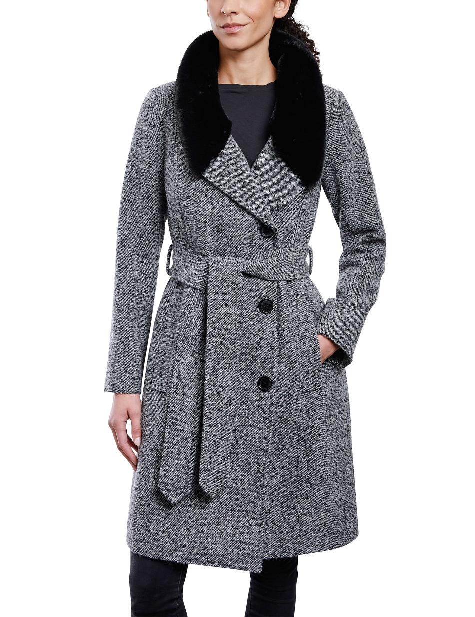 Anne Klein Belted Wrap Wool Coat With Fur Collar Outerwear Black / White | AUSWC67943