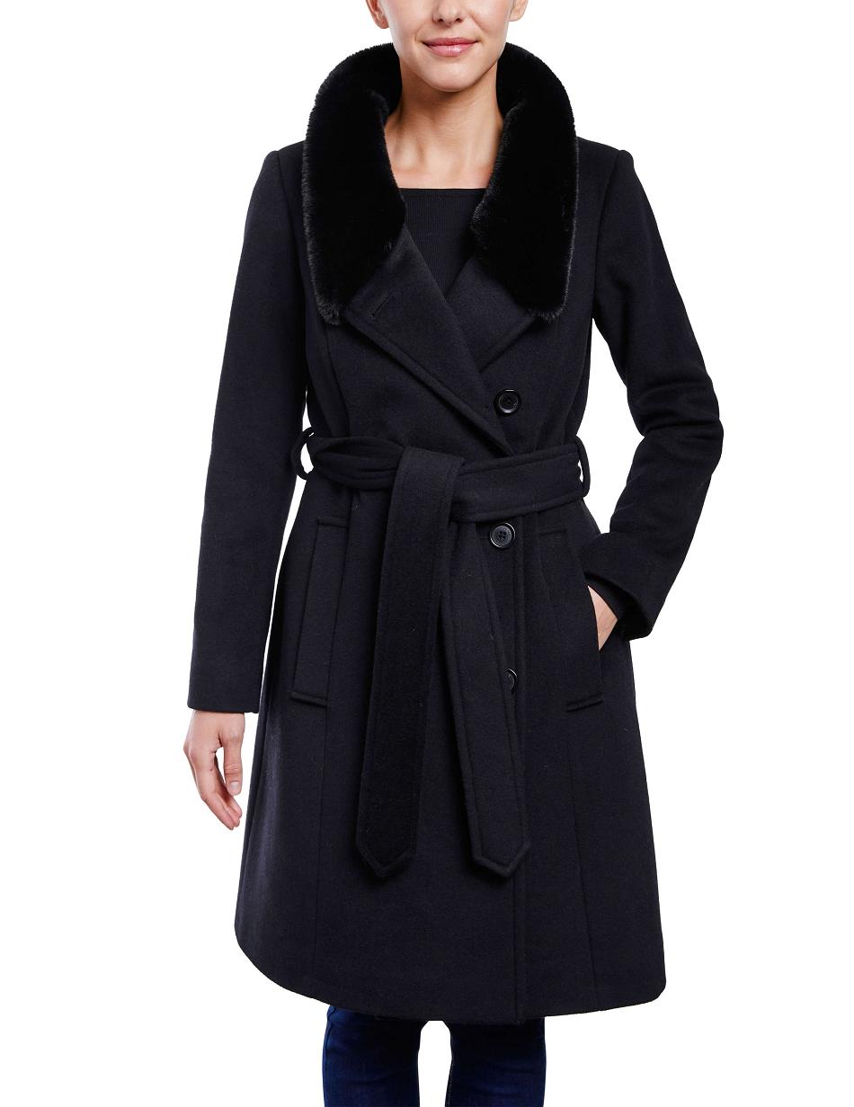 Anne Klein Belted Wrap Wool Coat With Fur Collar Outerwear Black | UUSND15206