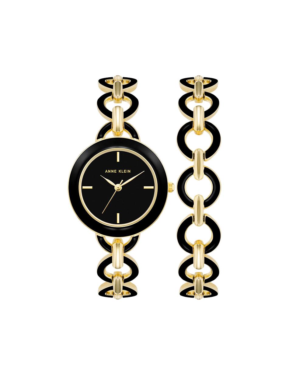 Anne Klein Boyfriend Circular Link Bracelet Watch Sets Black / Gold | AUSDF19280