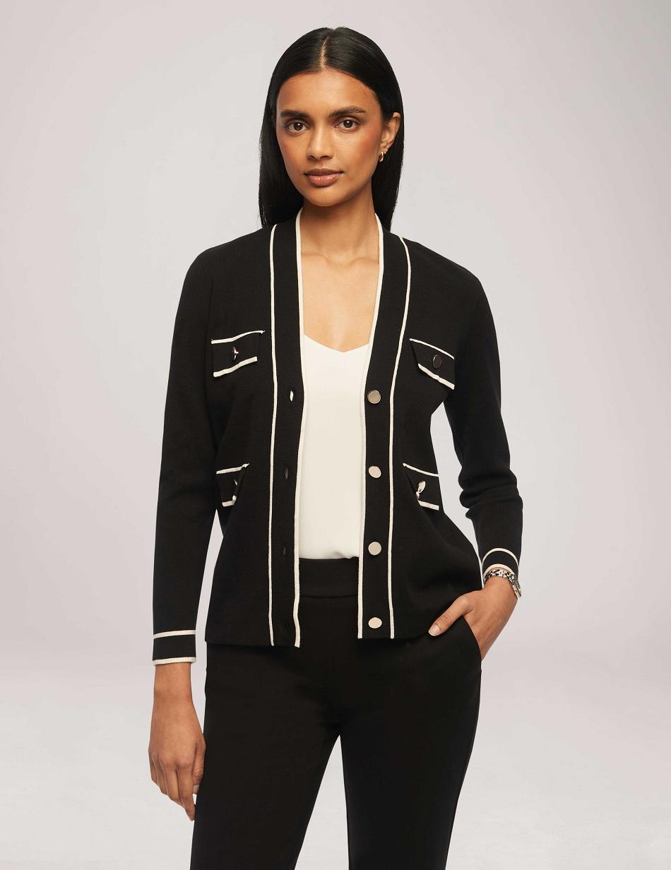 Anne Klein Cardigan With Tipped Pockets Sweaters Black / White | UUSND78540