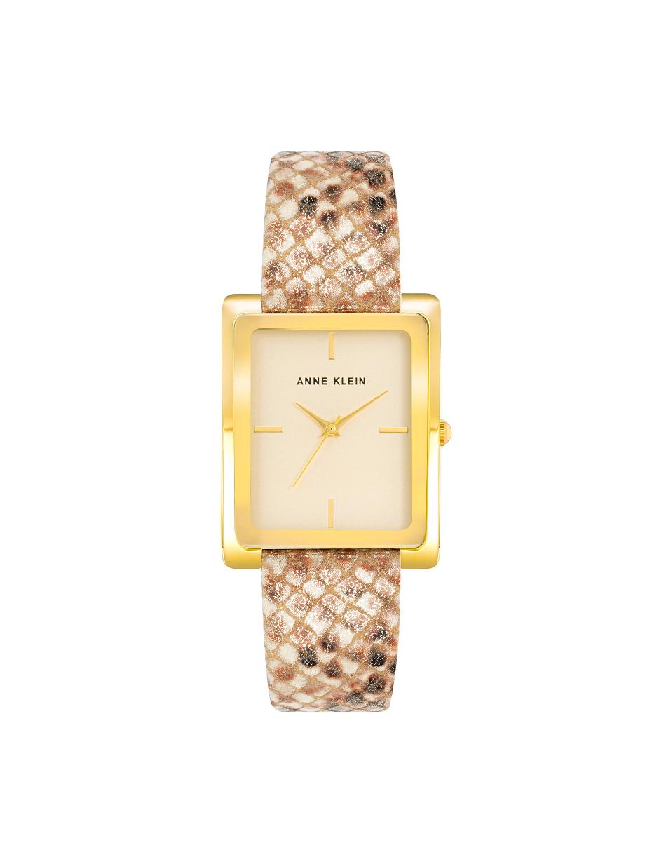 Anne Klein Case Leather Band Watch Rectangular Gold / Cream / Brown | ZUSMJ60682