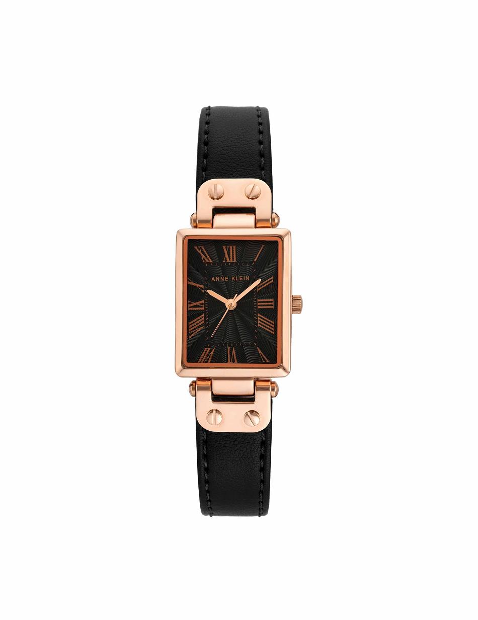 Anne Klein Case Leather Strap Watch Rectangular Black / Rose / Gold | TUSWZ10653