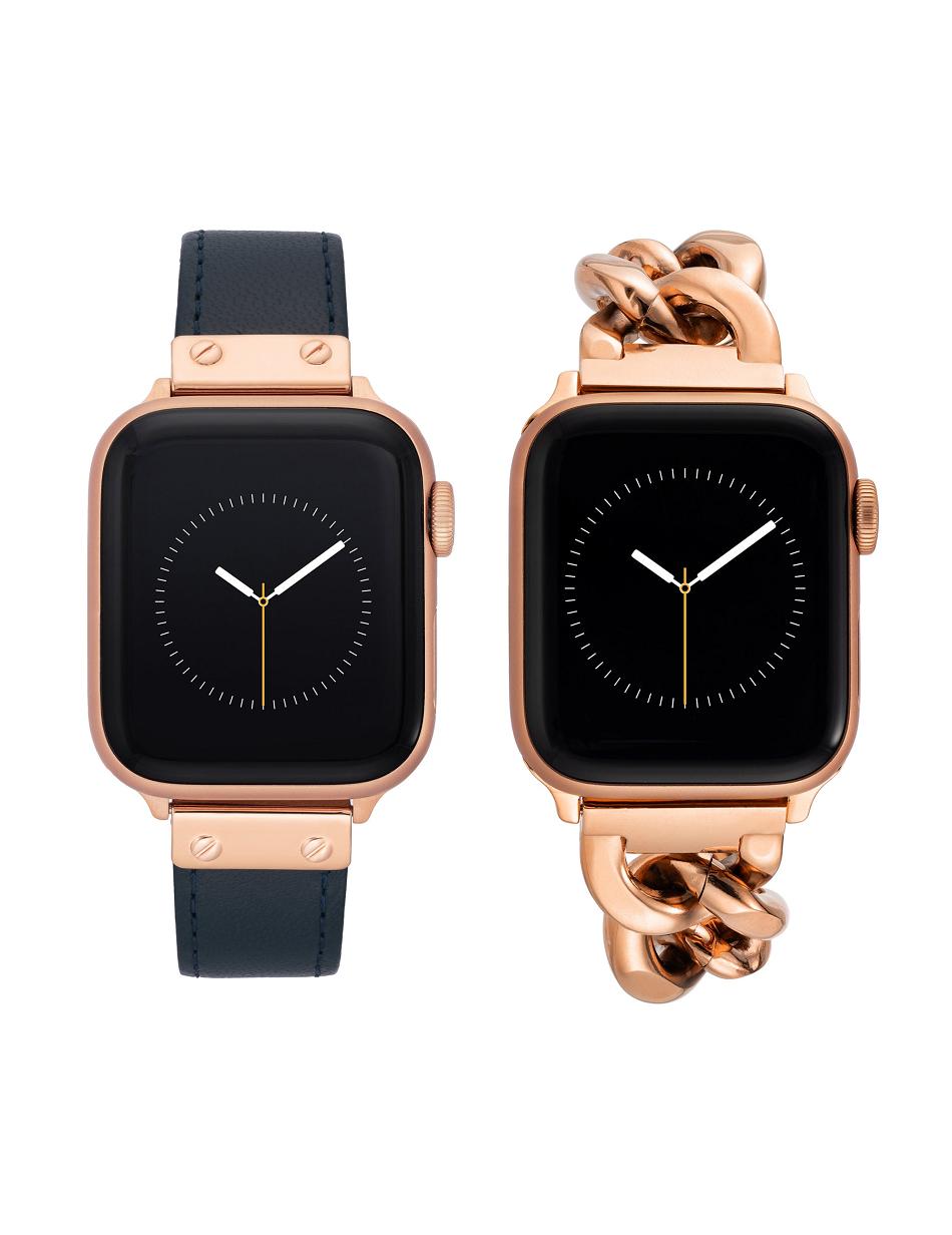 Anne Klein Chain Bracelet and Leather Band Set Apple Watch Accessories Navy / Rose / Gold | USCVG68450