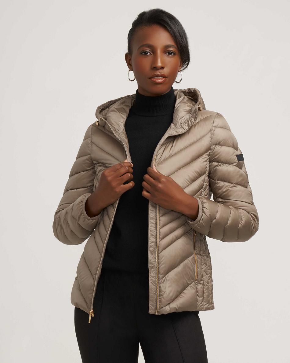 Anne Klein Chevron Packable Puffer Jacket Outerwear Grey Brown | USIIZ60551