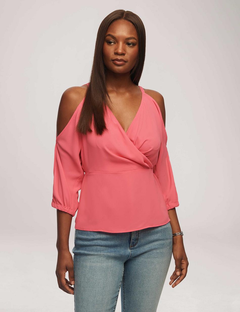 Anne Klein Cold Shoulder Crossover Peplum Blouse Tops Pink | AUSWC64276