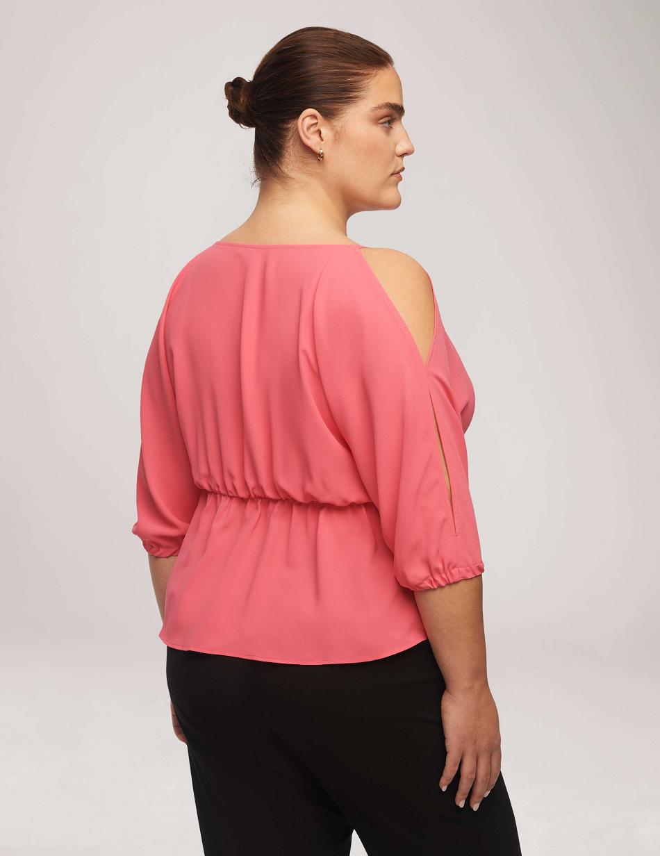 Anne Klein Cold Shoulder Crossover Peplum Blouse Plus Size Pink | USNZX80017