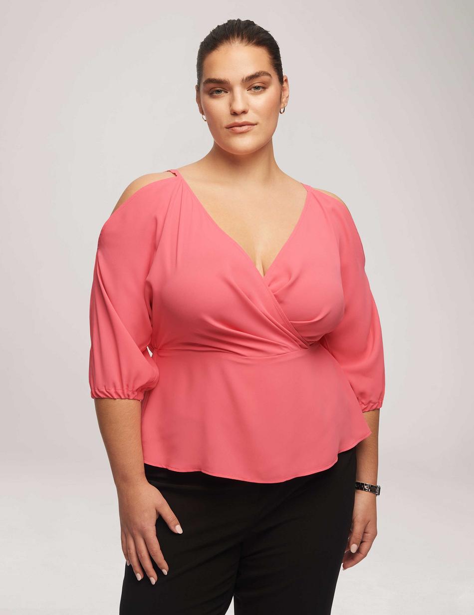 Anne Klein Cold Shoulder Crossover Peplum Blouse Plus Size Pink | USNZX80017