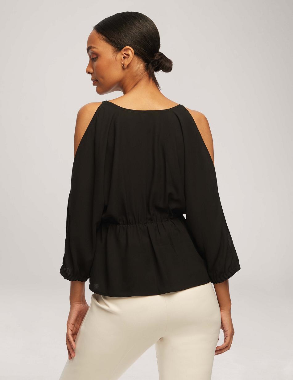 Anne Klein Cold Shoulder Crossover Peplum Blouse Tops Black | USQAV56863