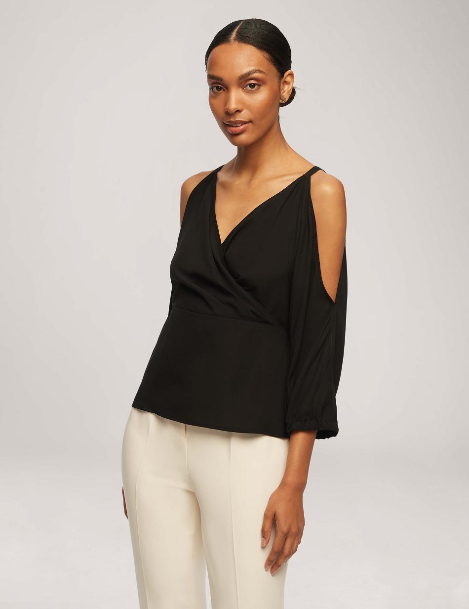 Anne Klein Cold Shoulder Crossover Peplum Blouse Tops Black | USQAV56863