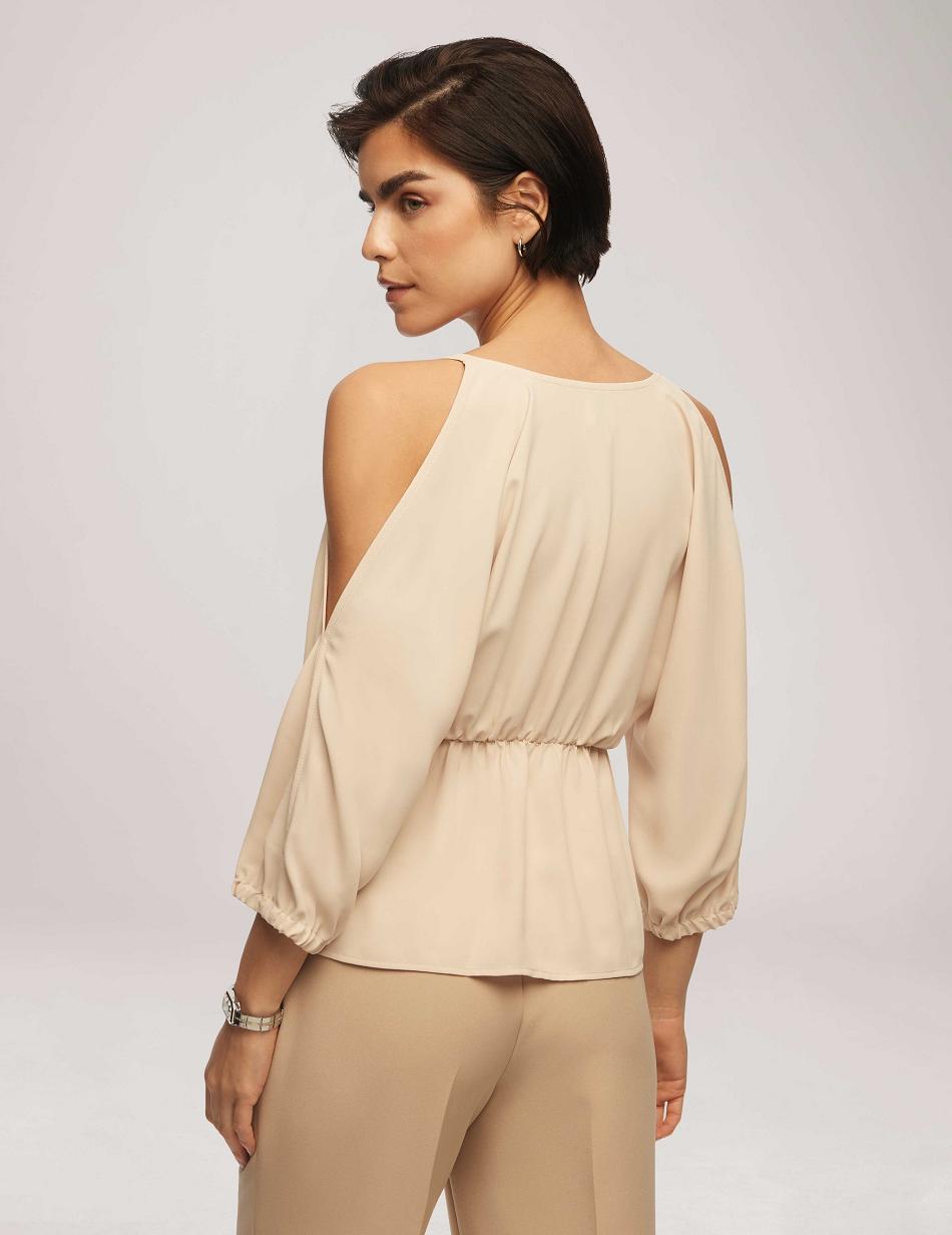 Anne Klein Cold Shoulder Crossover Peplum Blouse Tops Beige | XUSBH45748