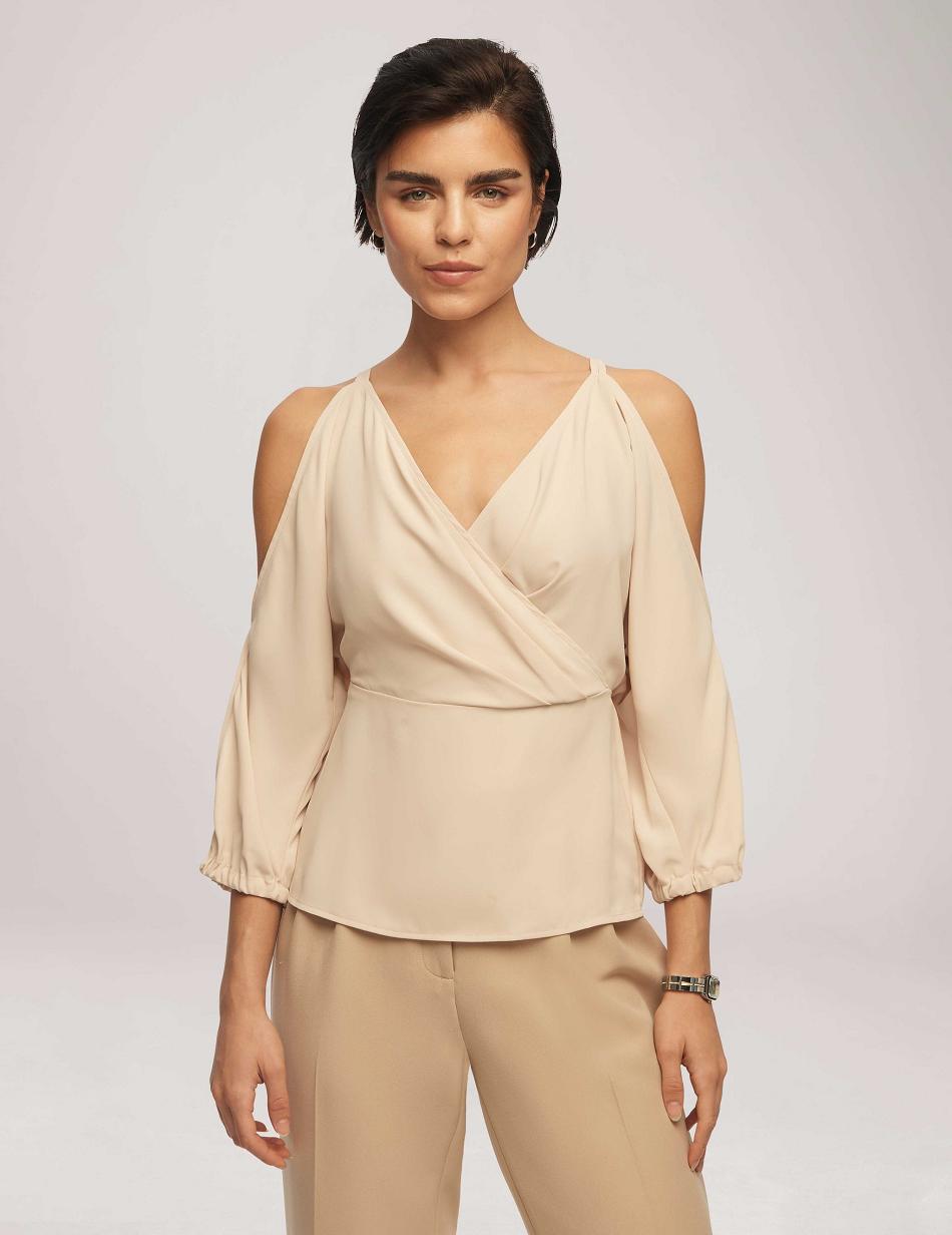 Anne Klein Cold Shoulder Crossover Peplum Blouse Tops Beige | XUSBH45748