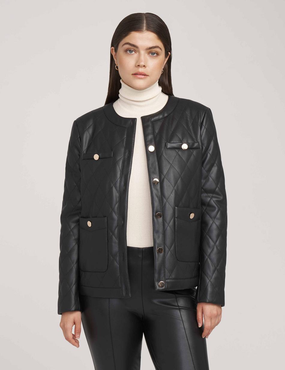 Anne Klein Collarless Vegan Leather Quilted Blazers & Jackets Black | EUSVG83629