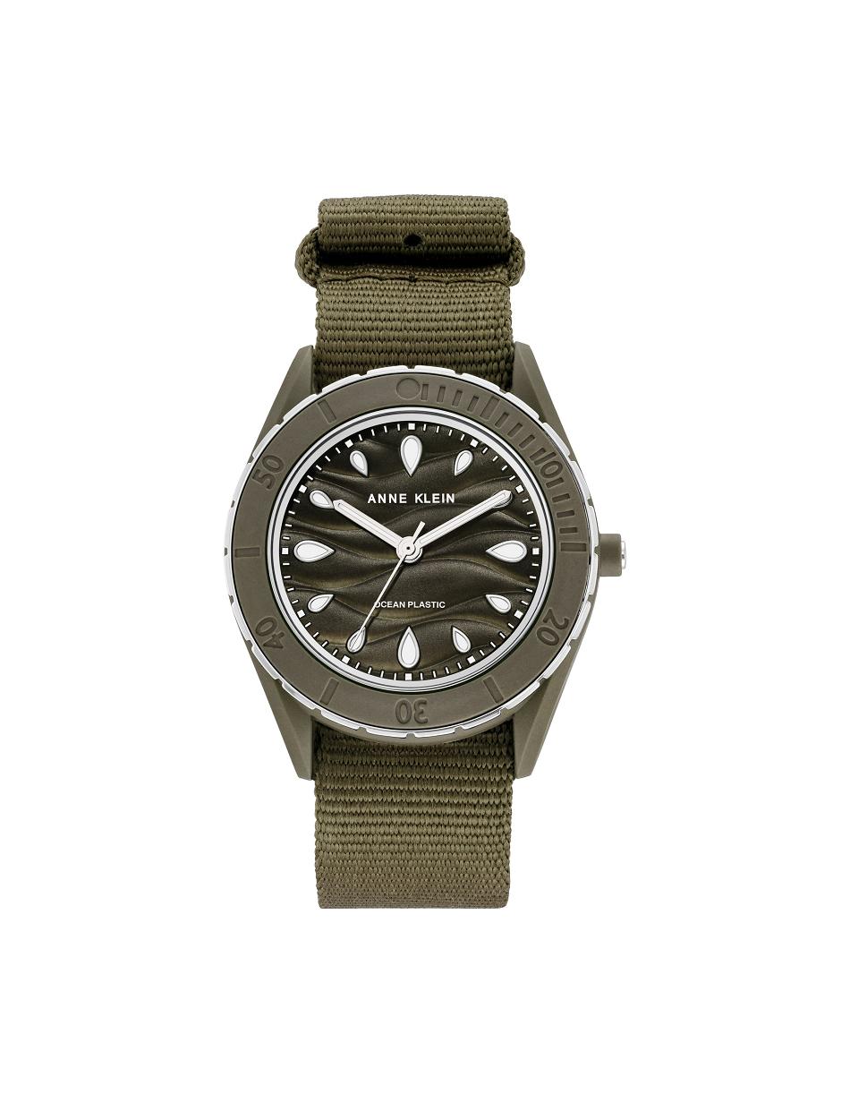 Anne Klein Considered Solar Recycled Woven Strap Ocean Plastic Watches Silver / Olive / Green | USEGJ43486