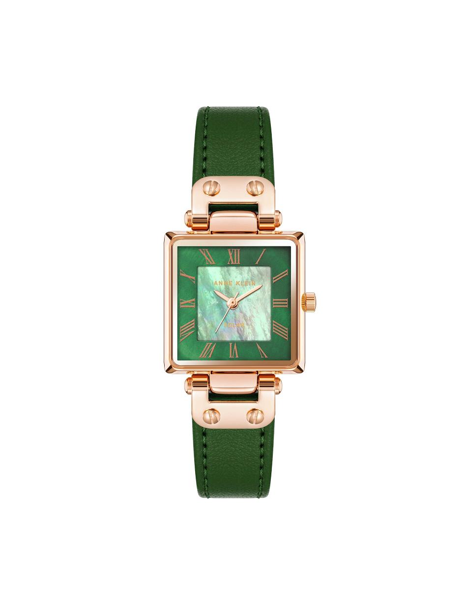 Anne Klein Considered Solar Square Leather Strap Watch Best Sellers Green / Rose / Gold | MUSFT91994