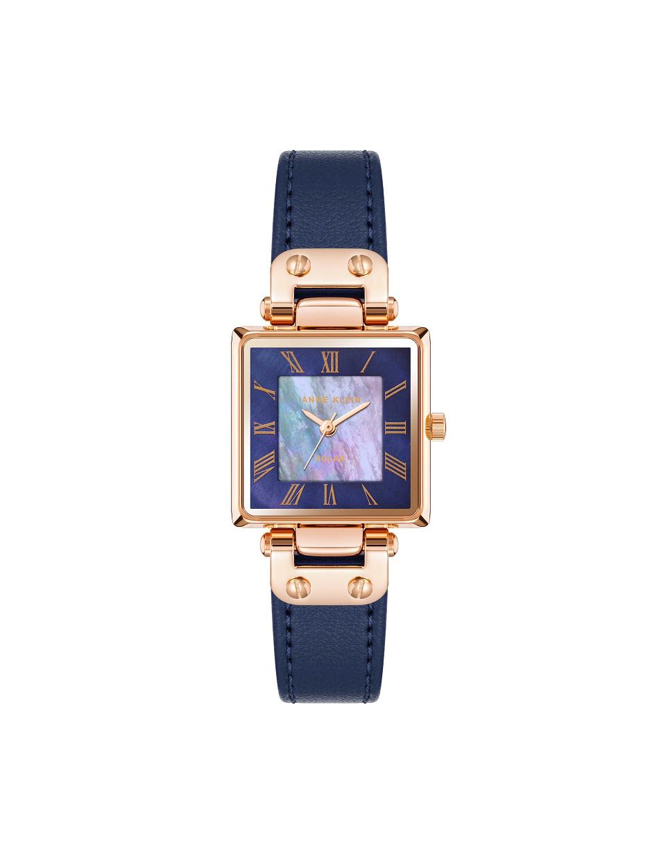 Anne Klein Considered Solar Square Leather Strap Watch Rectangular Navy / Rose / Gold | ZUSMJ61292