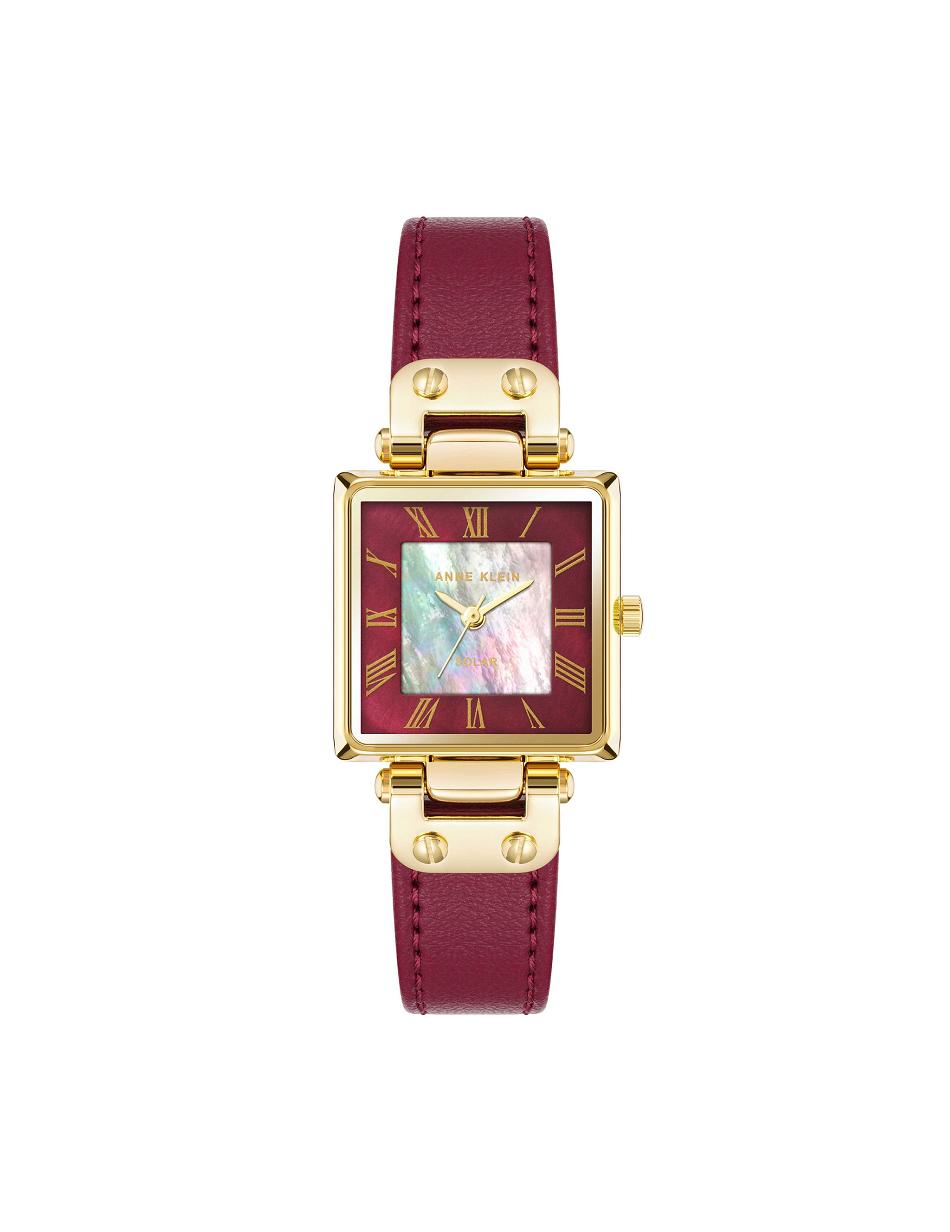 Anne Klein Considered Solar Square Strap Watch Leather Gold / Burgundy | MUSFT46606