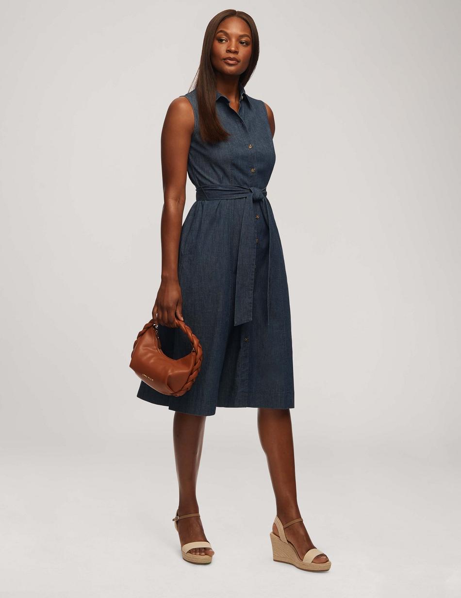 Anne Klein Denim Sleeveless Shirt Dresses Blue / Wash | USICD29143