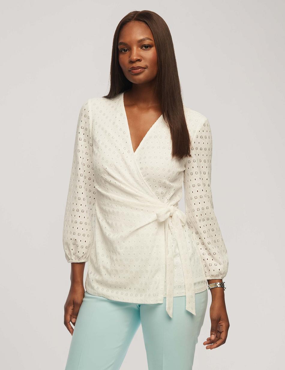 Anne Klein Dot Lace Blouson Sleeve Wrap Top Tops White | PUSER55498