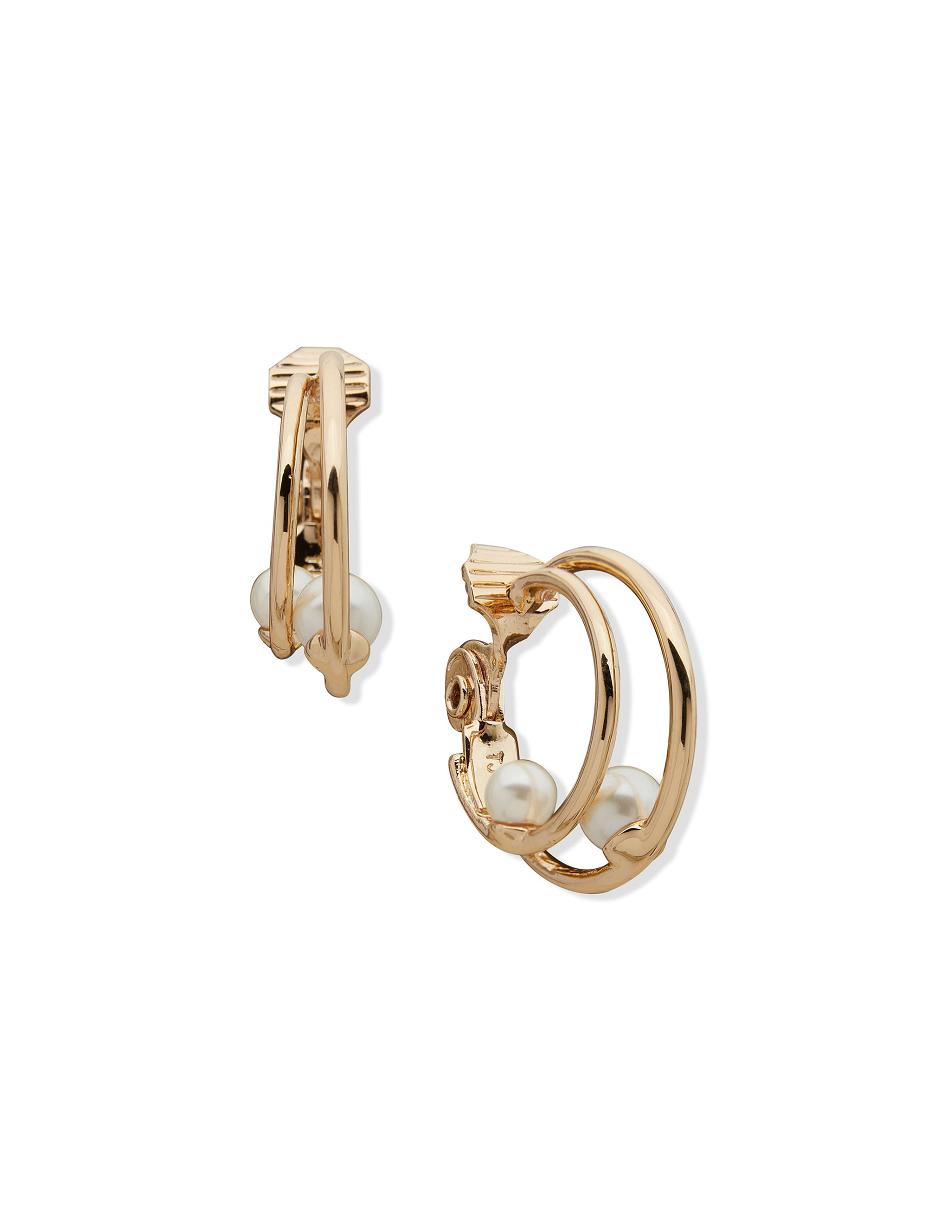 Anne Klein Double Hoop With Pearl Clip Earrings Gold | USEGJ13237