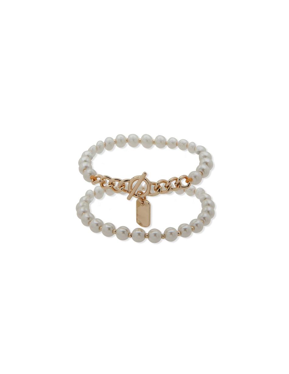 Anne Klein Faux Pearl Stretch Set Bracelets Gold | SUSVO45334